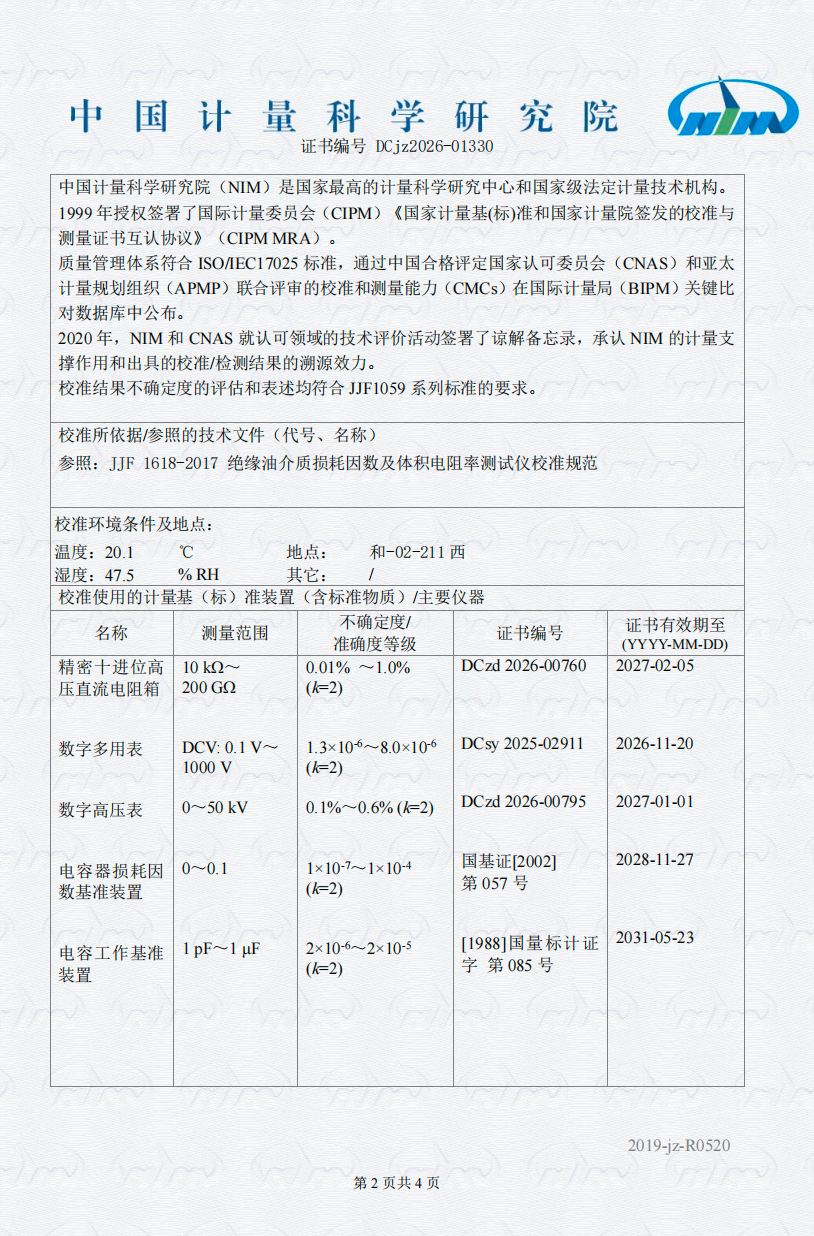 中國計量科學研究院校準證書